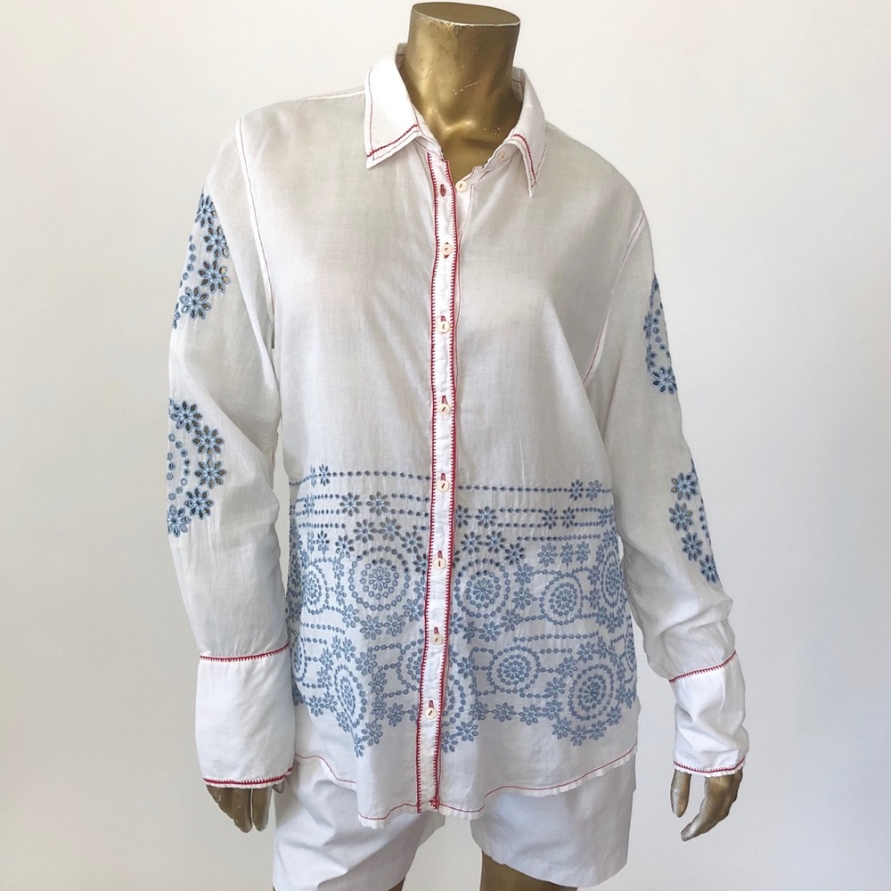 3 J WORKSHOP EYELET PHOEBE RUCHED COLLARED SHIRT L